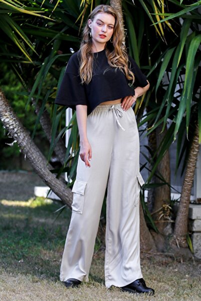 Chiccy Μπεζ Cargo Pocket Woven Elastic Waist Wide Leg Cargo Παντελόνι