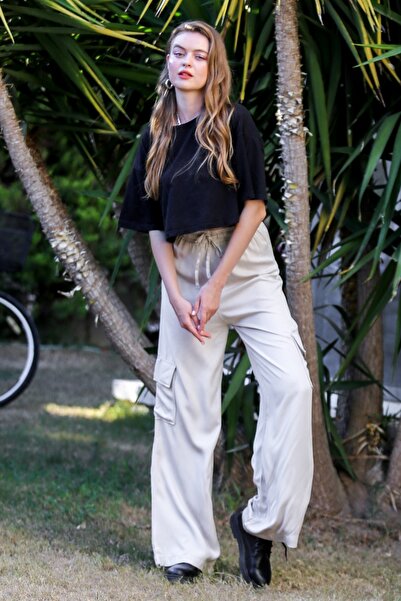 Chiccy Μπεζ Cargo Pocket Woven Elastic Waist Wide Leg Cargo Παντελόνι