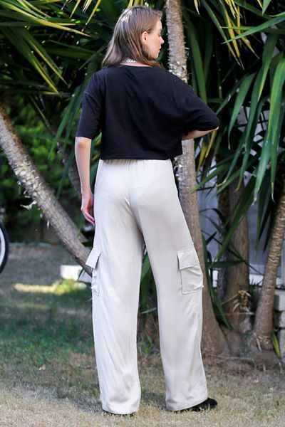 Chiccy Beige Cargo Pocket Woven Elastic Waist Wide Leg Cargo Pants