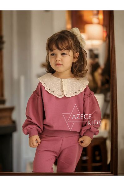 VEGAMOD Girl's Collar Lace Detailed Balloon Sleeve Very Stylish Vintage Top and Bottom Set 2-3-4-5 YEARS