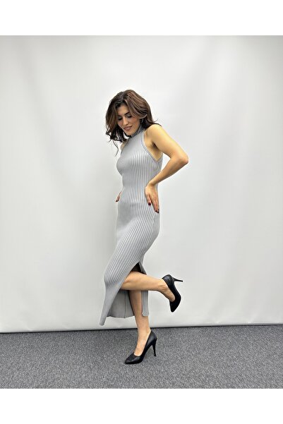 deqfashion Kadın Gri Halter Balıkçı Yaka Triko Elbise