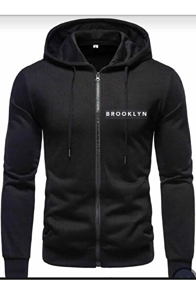 Siyah Kapüşonlu Fermuarlı Ceket Sweatshirt Kapşonlu
