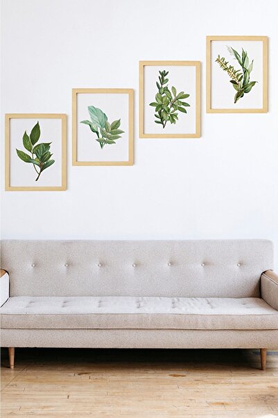 Ayışığı Dizayn Botanički listovi, set od 4 slike u prirodnom drvenom okviru