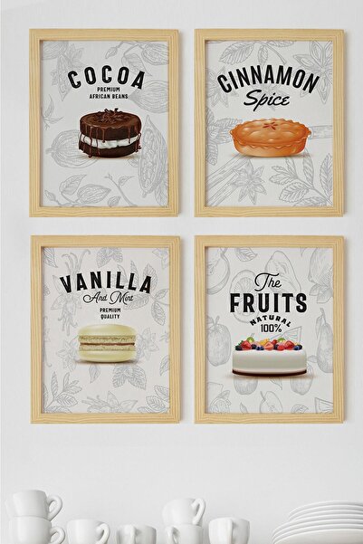 Ayışığı Dizayn Set od 4 slike u prirodnom drvenom okviru na temu kuhinjskih d...