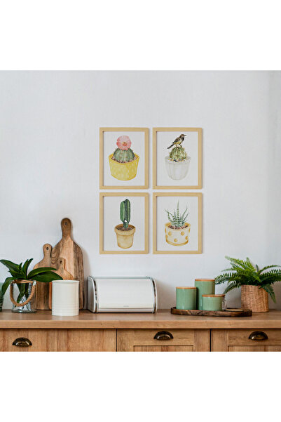 Ayışığı Dizayn Kuhinjski vintage set od 4 slike s kaktusima, prirodni drveni ...