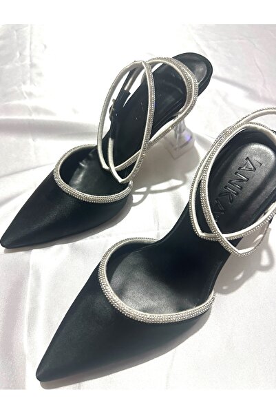 TrendyAnka Women's Black Satin 8 Cm Transparent Heeled Ankle Wrapped Jewelled Pointed Toe Evening Dress Shoes
