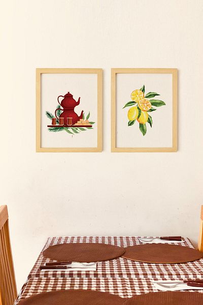 Ayışığı Dizayn Set de 2 picturi cu rama din lemn natural pentru bucatarie ceai paine lamaie