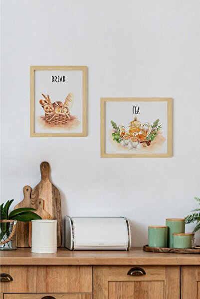 Ayışığı Dizayn Set de 2 piese de pictură cu rame din lemn natural pentru ceai de bucătărie