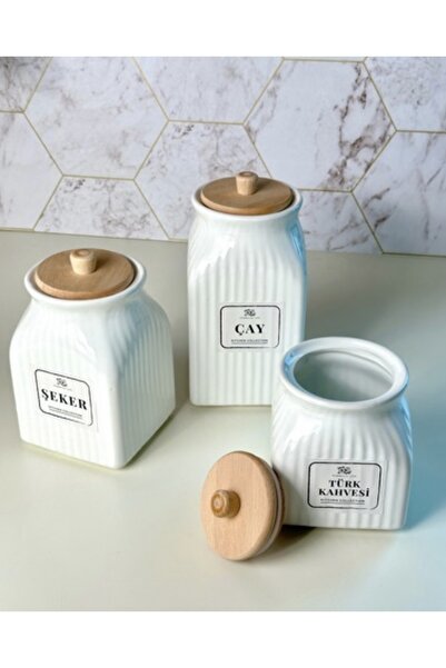 Kitchen Pembelia حاوية تخزين مفرغة من البورسلين مكونة من 3 قطع مع غطاء ووعاء قهوة تركي لحلوى الشاي