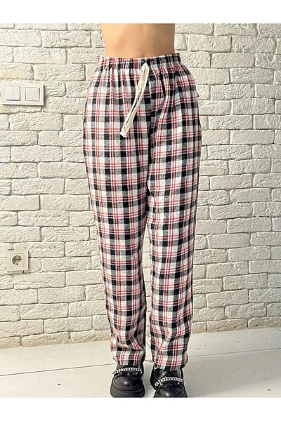 Gofeel Harajuku White/Red Plaid Square Detailed Unisex Wide Leg Vintage Sweatpants HS