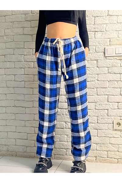 Gofeel Harajuku Blue/White Plaid Square Detailed Unisex Wide Leg Vintage Sweatpants HS