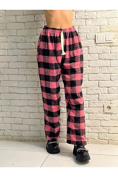 Gofeel Harajuku Pink/Black Plaid Square Detailed Unisex Wide Leg Vintage Sweatpants HS