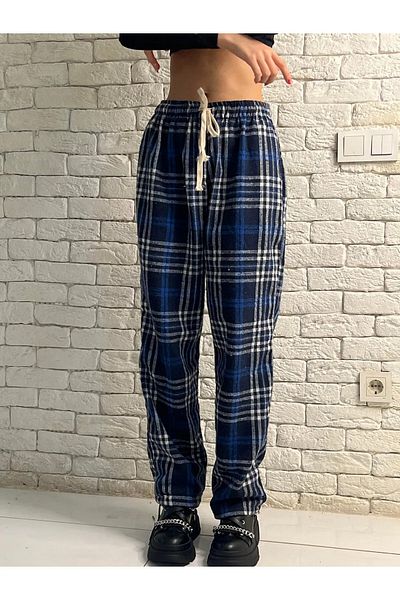 Gofeel Harajuku Navy Blue/Black Plaid Square Detailed Unisex Wide Leg Vintage Sweatpants HS