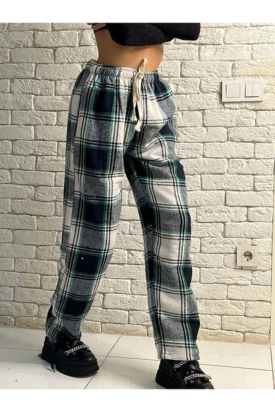 Gofeel Harajuku Green/White Plaid Square Detailed Unisex Wide Leg Vintage Sweatpants HS