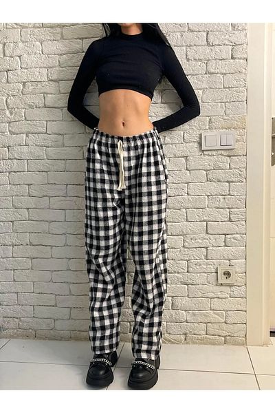 Gofeel Harajuku Black Plaid Square Detailed Unisex Wide Leg Vintage Sweatpants HS