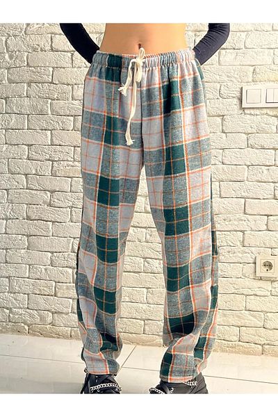 Gofeel Harajuku Orange/Green Plaid Square Detailed Unisex Wide Leg Vintage Sweatpants HS