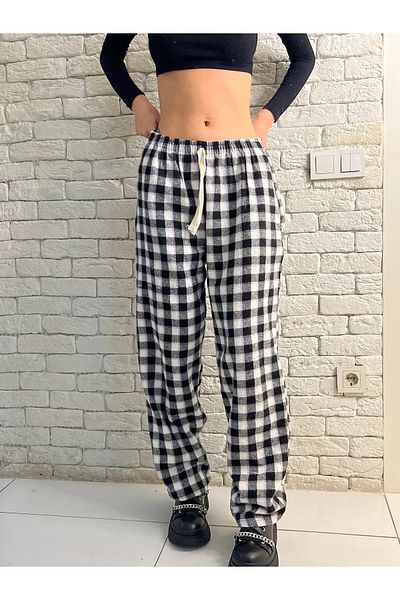 Gofeel Harajuku White/Brown Plaid Square Detailed Unisex Wide Leg Vintage Sweatpants HS
