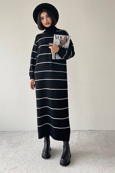 lovebox Turtleneck Long Sleeve Oversize Midi Length Striped Black Knitwear Dress Without Belt 183