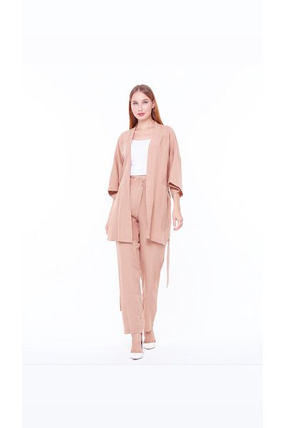 1Moda1Tarz Women's Mink Aerobin Fabric Top Belted Cardigan Bottom Elastic Pocket Buttoned Trousers Bottom Top Set Kimono