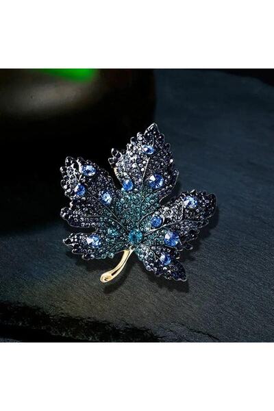 ESJ Zirkon Taş Akçaağaç Yaprağı Düğün Aksesuar Kadın Broş Ebat: 5*4,7 Cm