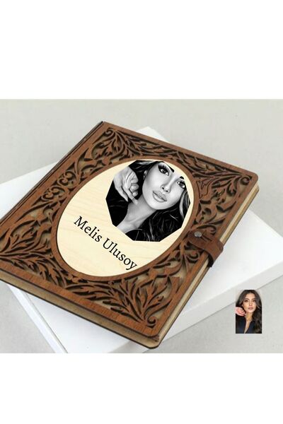 gifttime Kişiye Özel Karakalem Fotoğraflı Ahşap Desenli Akordiyon Defter