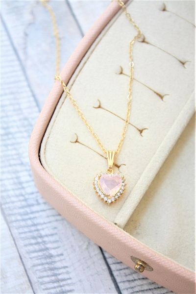 Neva GOLD PLATED FORCE CHAIN PINK COLOR ZIRCON STONE HEART MOTIF NECKLACE
