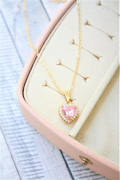Neva GOLD PLATED FORCE CHAIN PINK COLOR ZIRCON STONE HEART MOTIF NECKLACE
