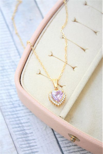 Neva GOLD PLATED FORCE CHAIN LILA COLOR ZIRCON STONE HEART MOTIF NECKLACE