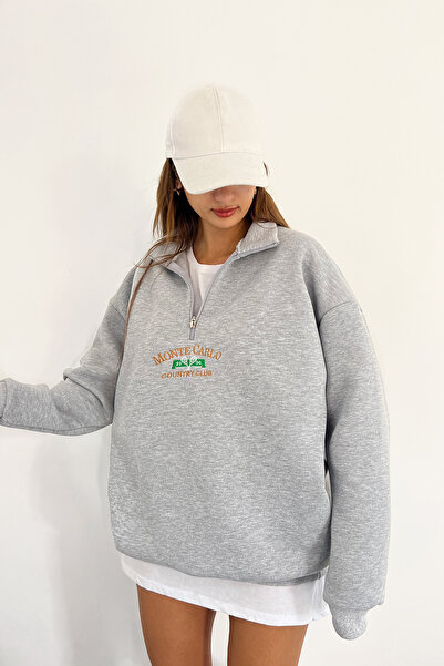Sun Victoria Unisex Gri Dik Yaka Oversize 3 Iplik Penye Şardonlu Nakışlı Sweatshirt