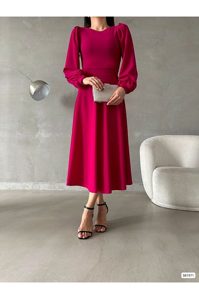 Trendusfashion Rochie midi cu mânecă cu balon din țesătură creponată importată