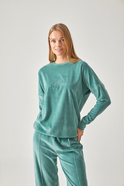 Pamuk & Pamuk Зелен комплект пижама от печатен памучен кадиф с колан