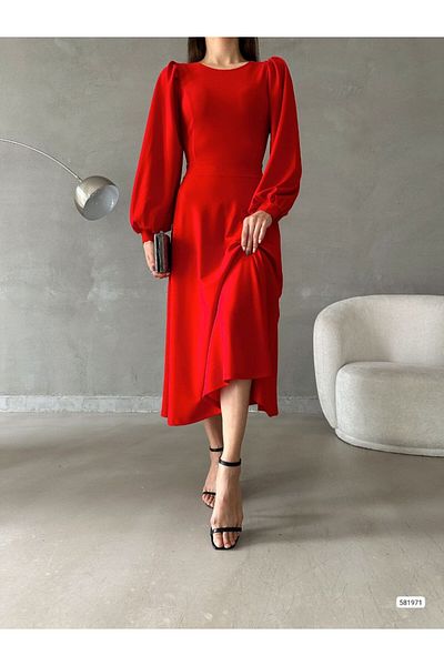 Trendusfashion Rochie midi cu mânecă cu balon din țesătură creponată importată