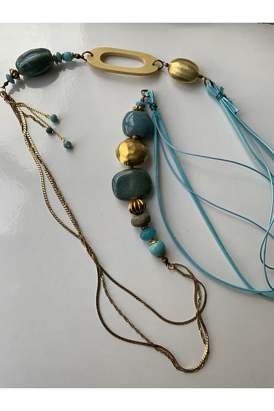 azra takı tasarım Handmade ceramic brass chain detailed long blue long women's necklace