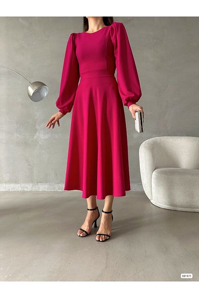 Trendusfashion Rochie midi cu mânecă cu balon din țesătură creponată importată