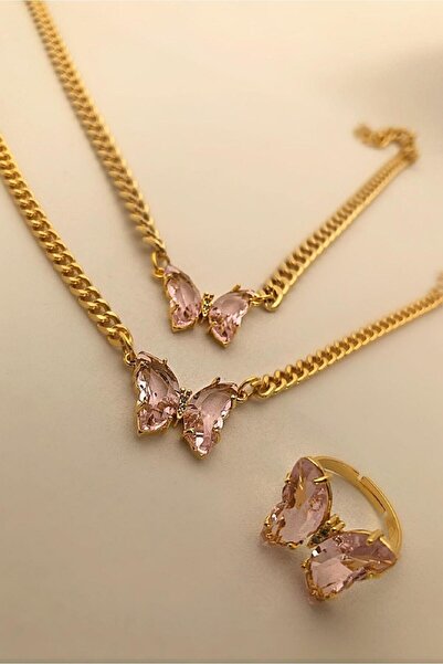 soiestore Pembe Mariposa Kelebek Choker Kolye Bilezik Yüzük Set