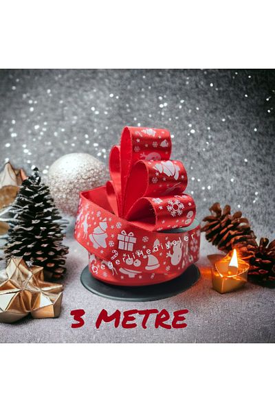 AGH Değerli Hediyeler 3 Meter Red Satin - Christmas Printed Ribbon Box, 3cm Tree Decoration Ribbon