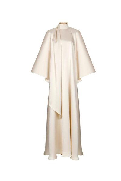 MERT ERKAN Kimono Sleeve Detail Ecru Silk Satin Maxi A-Form Dress