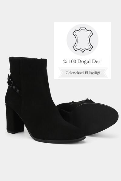 TUNAELLİ Kadın Siyah Süet Hakiki Deri 35-41 Numara Topuklu Bot & Bootie