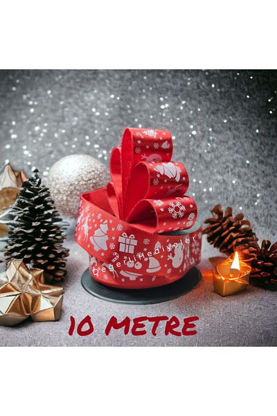 AGH Değerli Hediyeler 10 Yards Red Satin - New Year Printed Ribbon Box, 3cm Tree Decoration Ribbon
