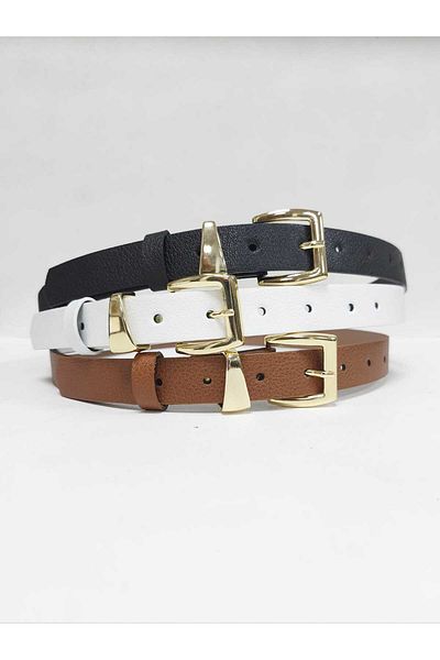 Kemerix Women's Black-Tan-White 3-Piece Belt Set with Gold Buckle