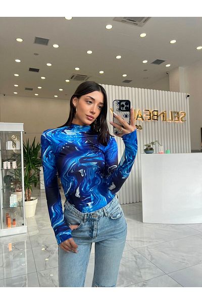 MY DEPO Bluză de damă cu model cu guler înalt, tăiată cu degetele