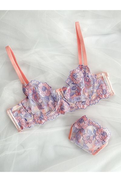 Arinda Lilac Salmon Romantic Flower Brode Embroidered Cupless Underwear Set
