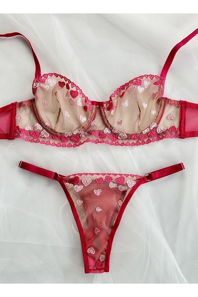 Arinda Heart Brode Underwire Underwear Set - Pink Fuchsia