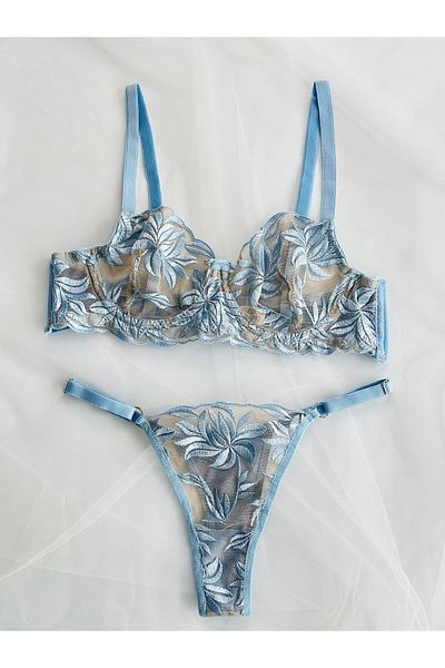 Arinda Blue Floral Floral Embroidered Underwire Underwear Set Blue