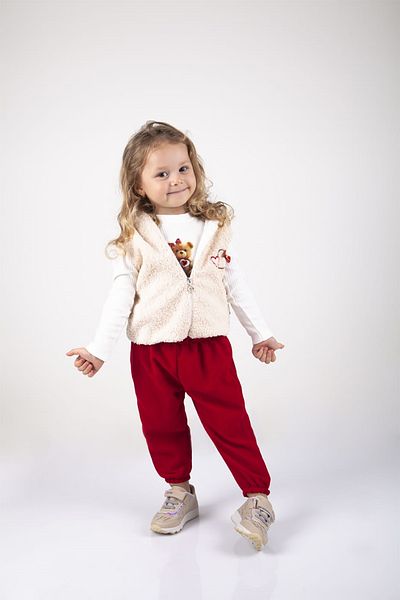 Melekpare Baby Girl Set 3-Piece Teddy Bear with Snap Fastener Badi + Velvet Trousers + Sleeveless Hooded Plush Vest 100% Cotton