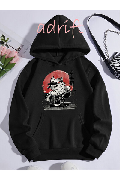 Adrift Unisex Oversize kroj Sa kapuljačom Kengur džep Mačka Samuraj Štampano