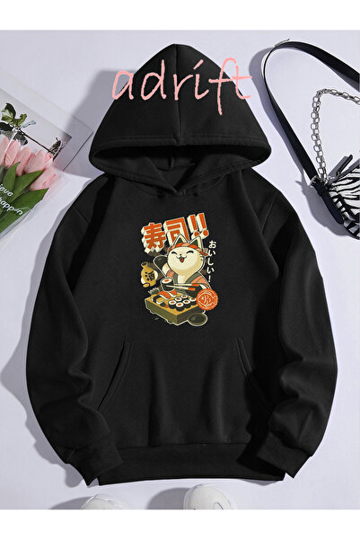 Adrift Unisex Oversize kroj Sa kapuljačom Kengur džep Mačka Riba Štampano