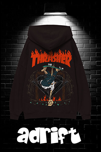 Yasolin Unisex Oversize Kapüşonlu Kanguru Cepli Thrasher Baskılı Sweatshirt Hoodie Siyah