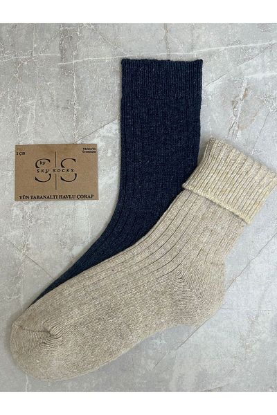 Sky Socks Комплект от 2 вълнени чорапа за зимна кърпа, дебели плетени чорапи от агнешка вълна, тъмносиньо-бежови