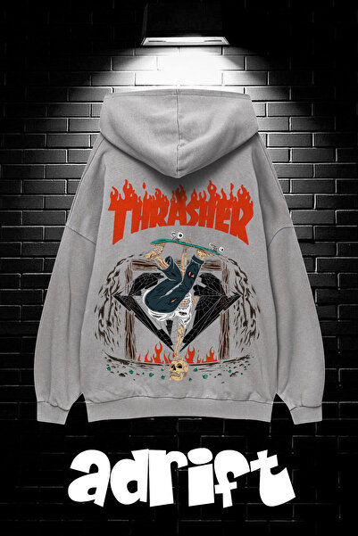 Yasolin Unisex Oversize Kapüşonlu Kanguru Cepli Thrasher Baskılı Sweatshirt Hoodie Gri